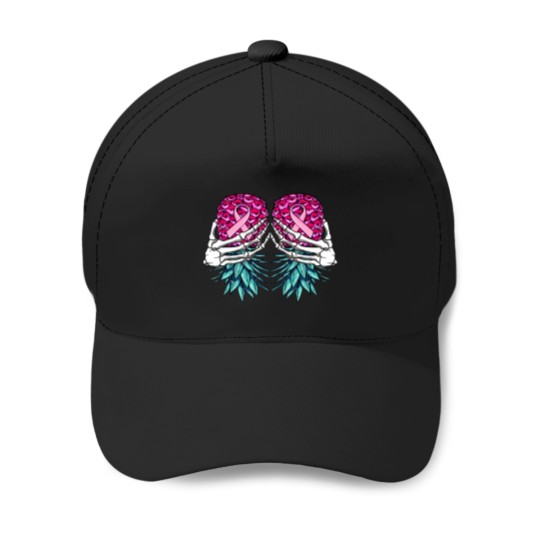 Discover Skeletons Skulls Hand Holding Upside Down pineapples Breast Cancer Skull Baseball Caps