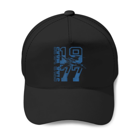 Discover 1977 Collegiate Logo & X-Wing Fighter T-Shirt Baseball Caps