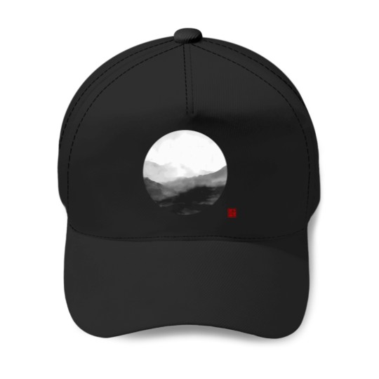 Discover Abstract Japanese Landscape With Mountains And Calligraphy T-Shirt Baseball Caps