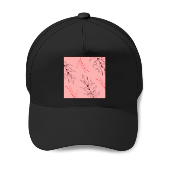 Discover Pink Red Tropical Leaves Line Drawing   T-Shirt Baseball Caps