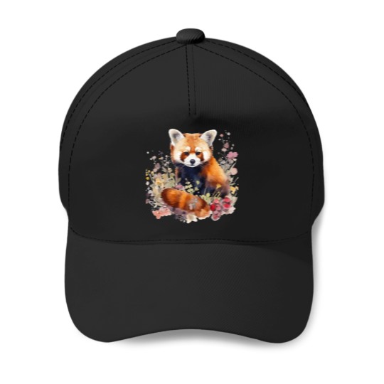 Discover Watercolor Flowers - Red Panda Baseball Caps