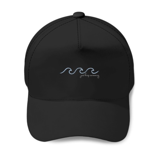 Discover Just Keep Swimming Wave In Cursive Baseball Caps