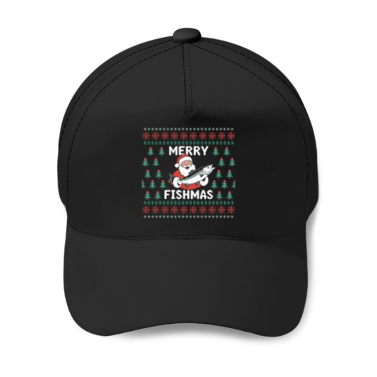Discover Fisherman-Funny-Christmas-Pajama-Merry-Fishmas-Ugly-Fishing-Active-T-Shirt Baseball Caps