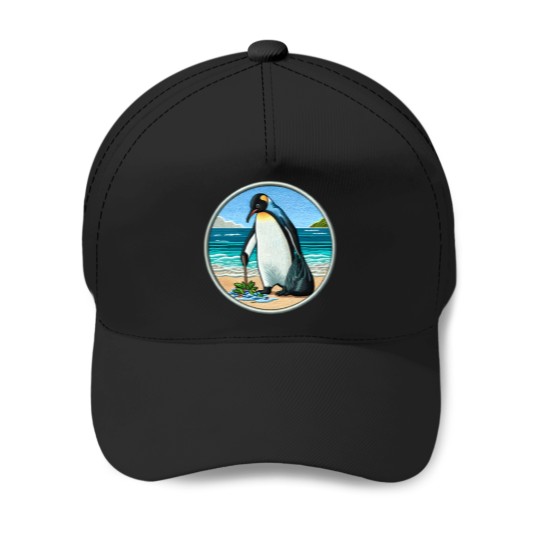 Discover Beach Cleanup Penguin Embroidery-Style Ocean Advocate Baseball Caps
