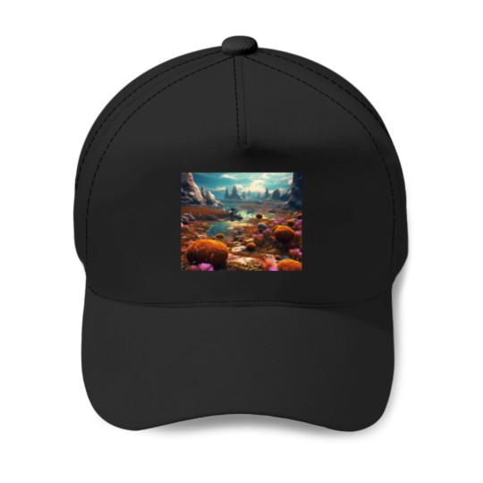 Discover Vibrant Alien Landscape Photo-Realistic Digital Art Of An Exotic World With Mossy Spores And Stone Formations Active T-Shirt 855 Baseball Caps