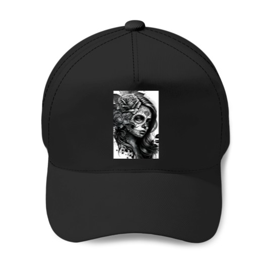 Discover Black and White Day of the Dead Girl Tattoo Style Art Print Baseball Caps