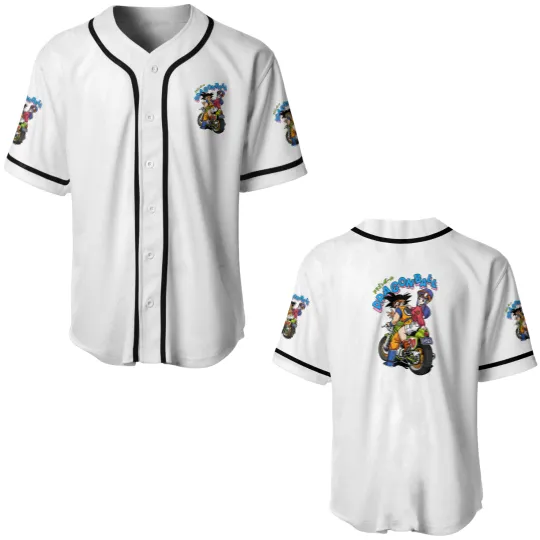 Discover Goku and Bulma driving a motorbike Baseball Jerseys, Dragon Ball Z Anime Baseball Jerseys