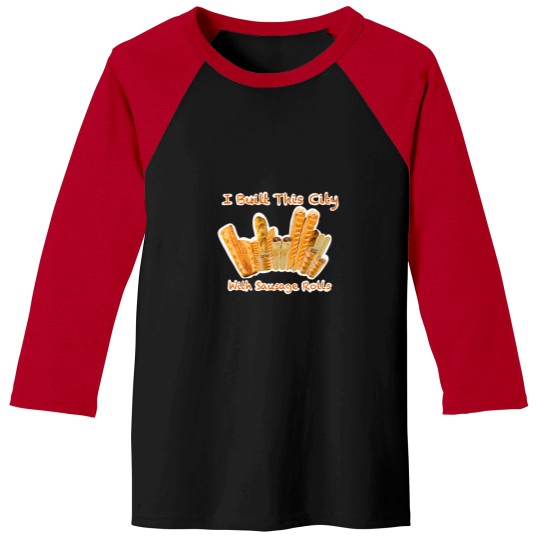 Discover Yes Mate! I Built This City With Sausage Rolls, Sausage Roll Cityscape Baseball Tees