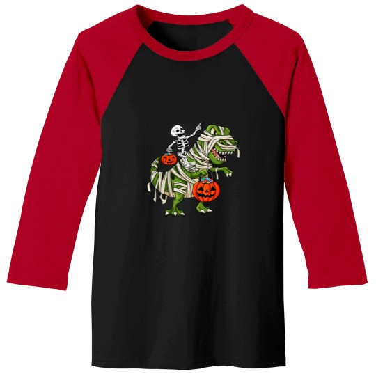 Discover Skeleton Riding Mummy TRex Halloween Baseball Tees