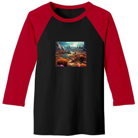 Discover Vibrant Alien Landscape Photo-Realistic Digital Art Of An Exotic World With Mossy Spores And Stone Formations Active T-Shirt 855 Baseball Tees