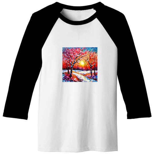 Discover Cherry trees in snow 4 Baseball Tees