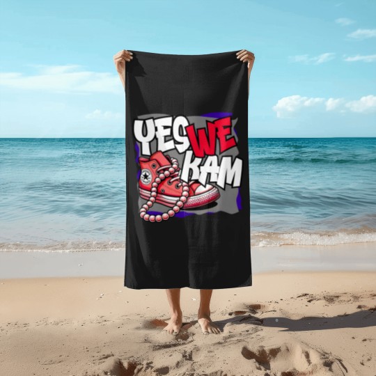 Discover Kamala Harris , Yes We Kam, red white and blue, Beach Towels