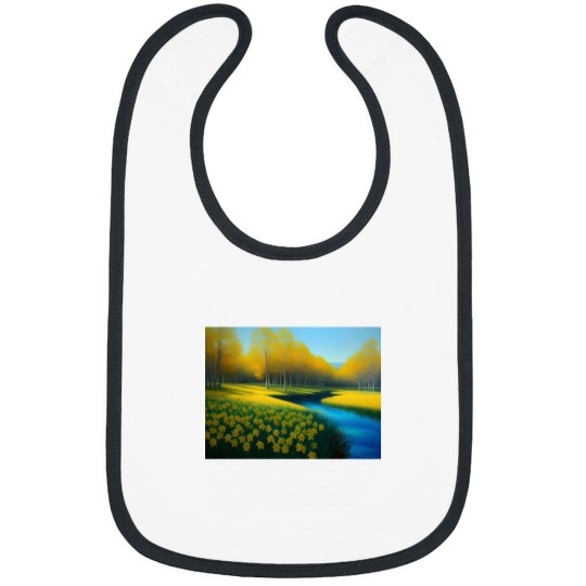 Discover Yellow springtime daffodils by the blue woods stream New Eng land floral landscape nature painting Ac Bibs