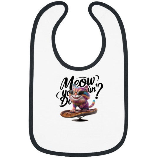 Discover A Cheeky Colorful Cat With A Mischievous Grin And The Text 'Meow You Doin'' In A Stylish Modern Font Bibs