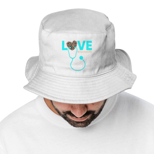 Discover Nurse Life RN LPN CNA Healthcare Cheetah Heart Bucket Hats