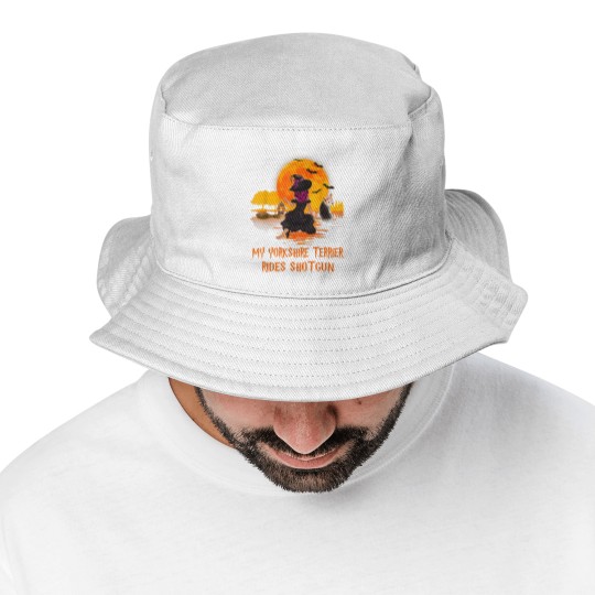 Discover My Yorkshire Terrier Rides Shotgun Dog and Witch Halloween Bucket Hats