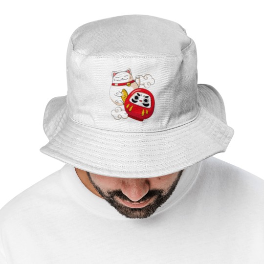 Discover Maneki Neko Lucky Cat Japanese Daruma Doll Kawaii Bucket Hats