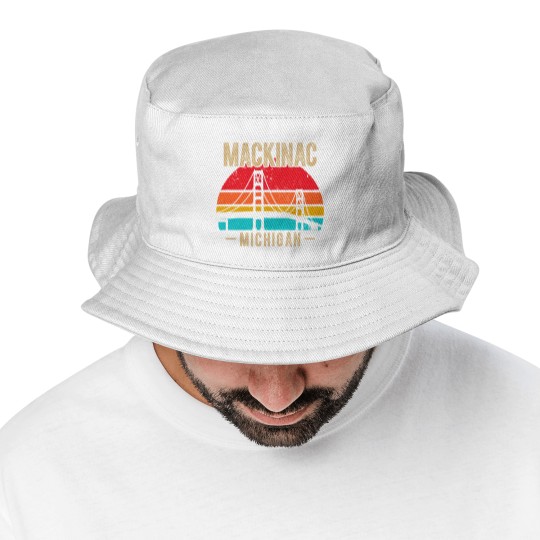 Discover mackinac bridge mackinaw retro vintage michigan souvenir Bucket Hats