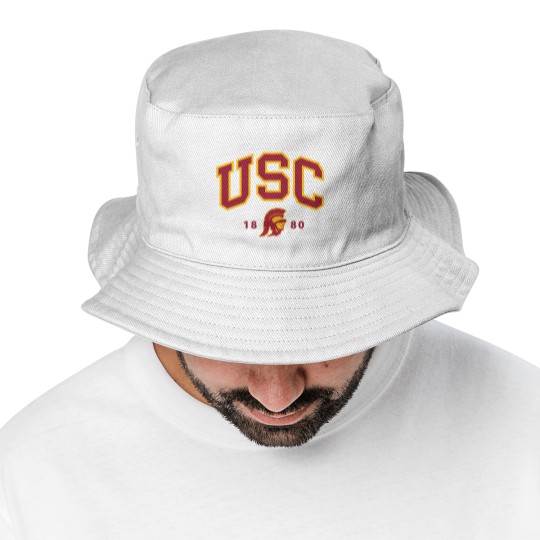 Discover usc curved block logo with cardinal gold trojan 1880 sweat Bucket Hats