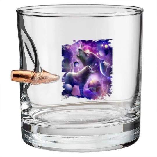 Discover Cosmic Wolf Howling At Moon In SpaceT Bullet Whiskey Glasses