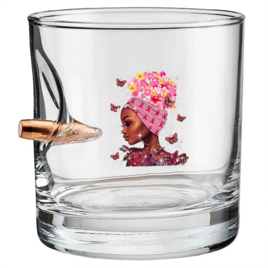 Discover In October We Wear Pink Black Woman Breast Cancer Awareness Bullet Whiskey Glasses