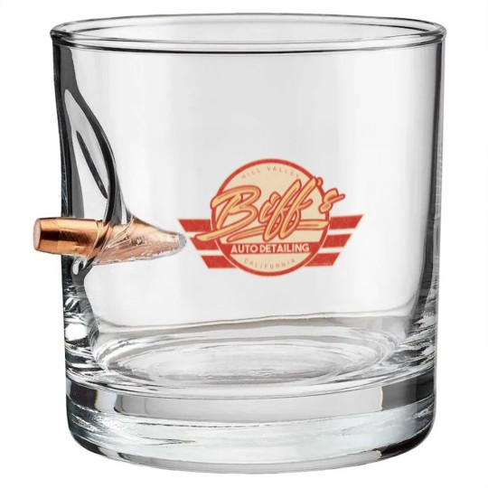 Discover Biff's Auto Detailing in Distressed Red - Back To The Future - Bullet Whiskey Glasses