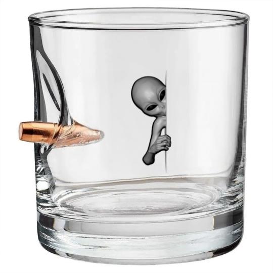 Discover Grey Alien Peeking - Zeta Reticuli Ufonaut - UFO Abduction Bullet Whiskey Glasses