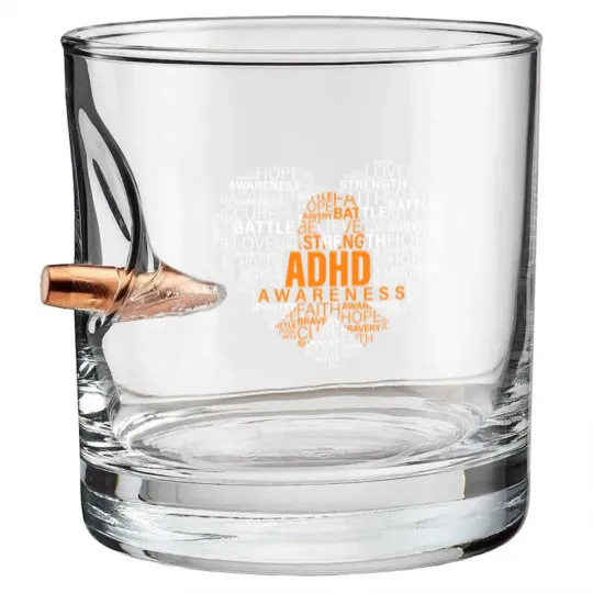 Discover ADHD awareness words cloud heart support proud ADHD warrior Bullet Whiskey Glasses