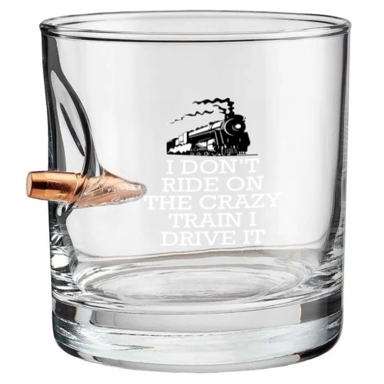 Discover I don't ride on the crazy train i drive it Bullet Whiskey Glasses