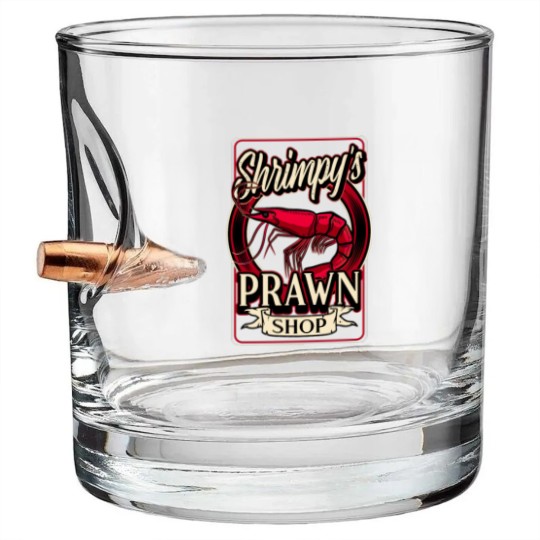 Discover Shrimpy's Prawn Shop Logo. Pawn Shop Prawn Pun Bullet Whiskey Glasses