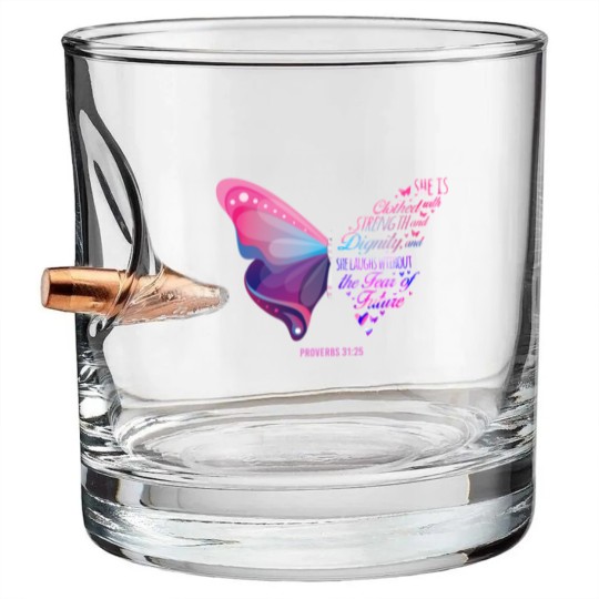 Discover Christian Bible Verse Proverbs 31:25 Butterfly Bullet Whiskey Glasses