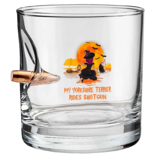 Discover My Yorkshire Terrier Rides Shotgun Dog and Witch Halloween Bullet Whiskey Glasses