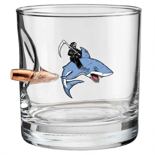 Discover Grim reaper rides a shark Bullet Whiskey Glasses