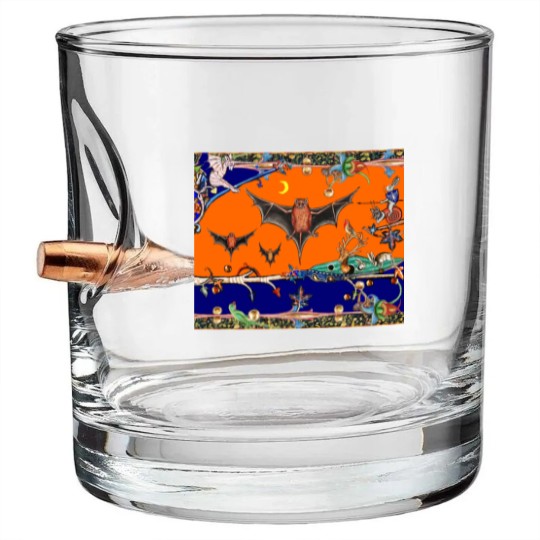 Discover WEIRD MEDIEVAL BESTIARY,FLYING BATS IN NIGHT BLUE Bullet Whiskey Glasses