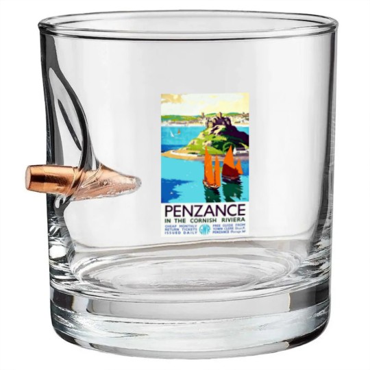 Discover Penzance in the Cornish Riviera - Vintage British Travel Poster Art - Travel - Bullet Whiskey Glasses
