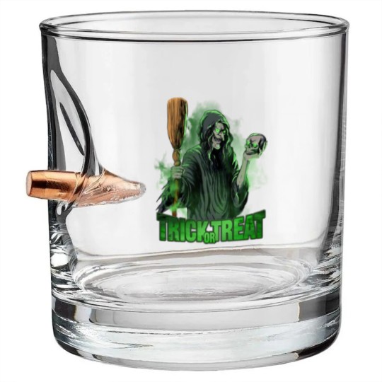 Discover Scary evil Witch with Skull and Broom Halloween Bullet Whiskey Glasses