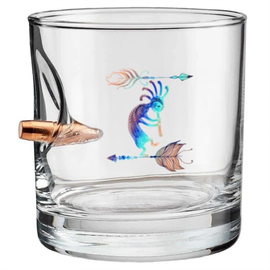 Discover Native American Kokopelli With Two Feathers 2 Bullet Whiskey Glasses