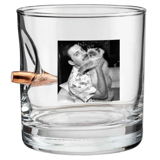 Discover Freddie Mercury and his cat photo Bullet Whiskey Glasses, Freddie Mercury Bullet Whiskey Glasses