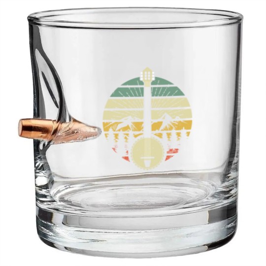 Discover Retro Banjo Mountains And Sun 80's Graphic Gift Bullet Whiskey Glasses