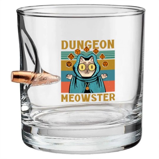 Discover Dungeon Meowster Funny Nerdy-Gamer Cat-D20 Dice RPG Dungeons and Dragons Bullet Whiskey Glasses
