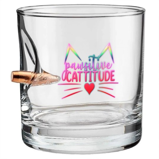 Discover Funny Cat Kitten Pun PAWSITIVE CATITUDE Bullet Whiskey Glasses