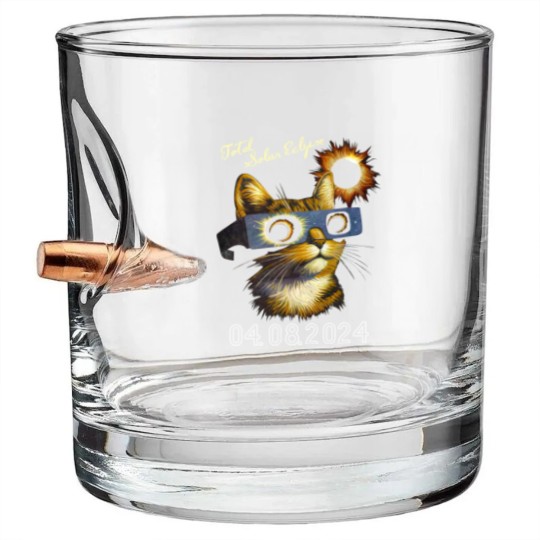 Discover Funny Cat Watching Total Solar Eclipse 2024 Bullet Whiskey Glasses, April 8 2024 Solar Eclipse Bullet Whiskey Glasses