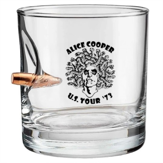 Discover Alice Cooper Men's Bullet Whiskey Glasses, Medusa USA Tour 1973 Cover White Graphic Bullet Whiskey Glasses
