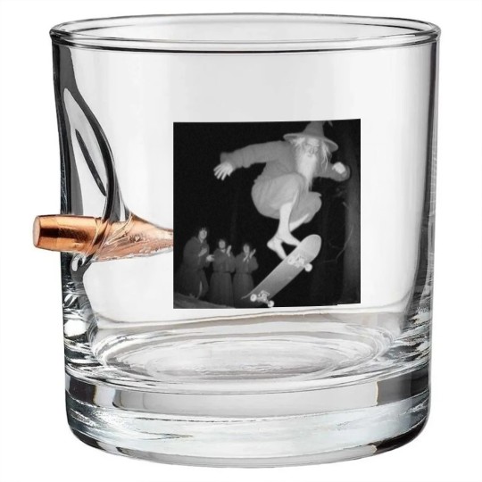Discover Gandalf skateboarding Bullet Whiskey Glasses, Gandalf skating in the woods Bullet Whiskey Glasses