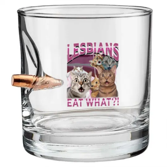 Discover Lesbians Eat What?! Funny Offensive Cat Bootleg Bullet Whiskey Glasses - Unhinged Bullet Whiskey Glasses