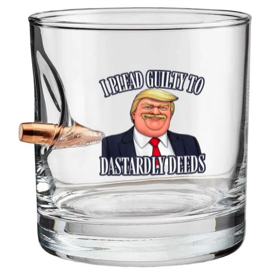 Discover Dastardly Deeds Funny Trump Cartoon Style Graphic Bullet Whiskey Glasses