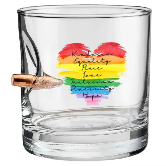 Discover Kindness Equality Peace Love Inclusion Diversity Hope Bullet Whiskey Glasses, LGBT Rainbow Bullet Whiskey Glasses