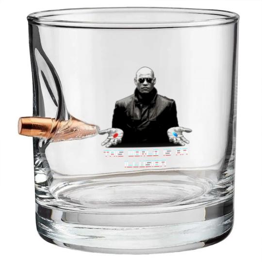 Discover The World is an Illusion Bullet Whiskey Glasses, The Matrix, Red Pill, Blue Pill