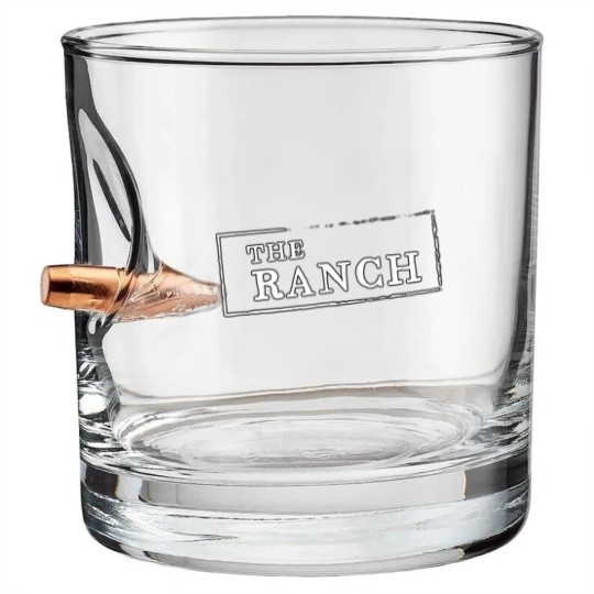 Discover The Ranch White Writing Fitted Scoop Bullet Whiskey Glasses