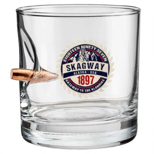 Discover Skagway Alaska 1897 Historic Gold Rush Town Souvenir Gift Bullet Whiskey Glasses